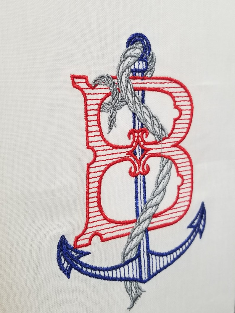 Embroidered Nautical Single Letter Monogrammed Linen Guest Towel image 2