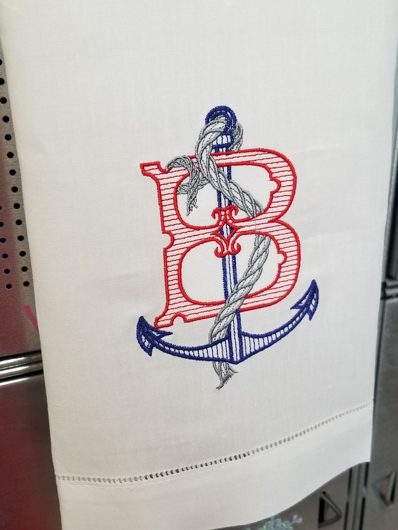 Embroidered Nautical Single Letter Monogrammed Linen Guest Towel Linen