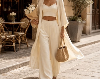3 Piece Linen Look Lounge Set, Kimono Cover Up, Wide Leg Trousers, Resort Wear
