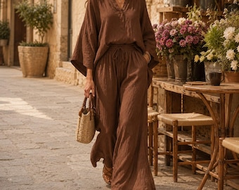 Women's Linen Blend Co Ord Set, Oversized Blouse Wide Leg Trouser Outfit