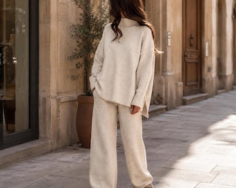 Oversized Knit Lounge Set, Turtleneck Sweater, Wide Leg Trousers, Cozy Two Piece Outfit
