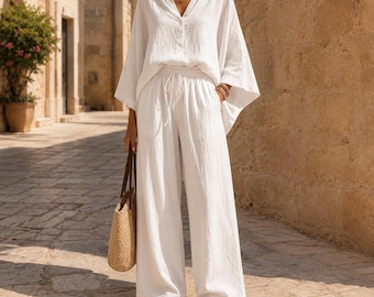 Women Linen Blend Co Ord Set, Oversized Blouse Wide Leg Trouser Outfit