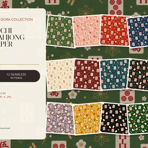 Puede incluir: Una colección digital de 12 patrones Riichi Mahjong sin costuras con fondos de varios colores, incluyendo verde, rosa, rojo, azul, crema y negro. Cada patrón cuadrado muestra fichas de Mahjong y motivos florales. El texto dice Aka Dora Collection Riichi Mahjong Paper 12 Seamless Patterns 12 x 12 in 300 DPI JPG.