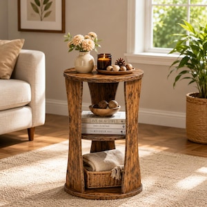 May include: A round, three-tiered wooden side table with a distressed brown finish. The top surface holds a vase of peach flowers, a lit candle, and a small bowl of decorative spheres. The middle shelf displays three books and a bowl, while the bottom shelf holds a woven basket.