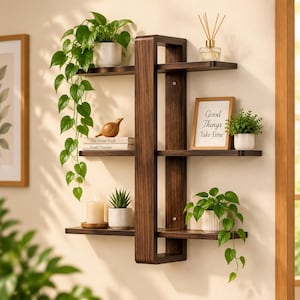 May include: A dark wood wall-mounted shelving unit with an asymmetrical design featuring multiple horizontal tiers. The shelves hold potted green plants, a small wooden bird figurine, two books, a candle, and a framed sign reading Good Things Take Time.