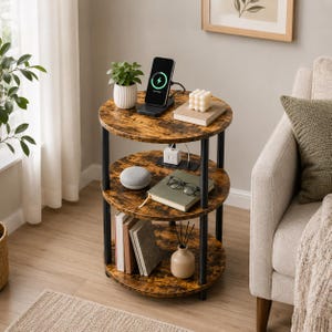 May include: A three-tier round side table with a rustic brown wood grain finish and black metal legs. The top shelf holds a wireless phone charger, a small potted plant, and a decorative object. The middle shelf features a smart speaker, a book, and glasses.