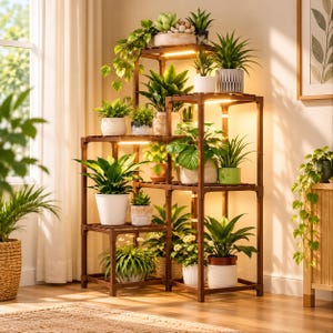 May include: A multi-tiered wooden plant stand with integrated LED grow lights, holding various potted indoor plants including succulents, leafy green foliage, and trailing vines in assorted ceramic and plastic containers.