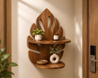 Pine Wood Palm Leaf Wall Shelf, 2-Tier Plant Display, Rustic Boho Decor