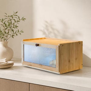 Large Bamboo Bread Box with Window, Farmhouse Kitchen Counter Organizer