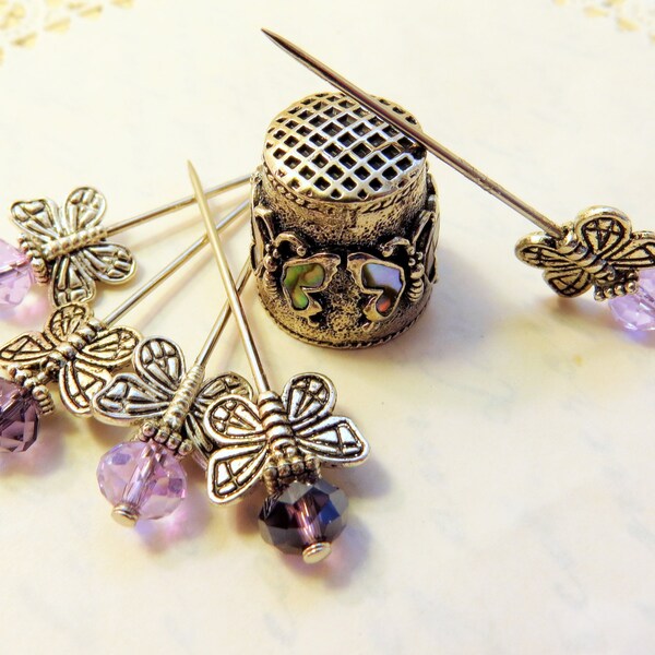 Needlecraft accessory 5 purple lavender silver butterfly decorative straight pin Gothic scrapbook wedding bouquet stitch markers tagt