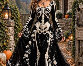 Vestido largo gótico con estampado de esqueleto y flores, manga larga, ideal para un look romántico y oscuro de Halloween.