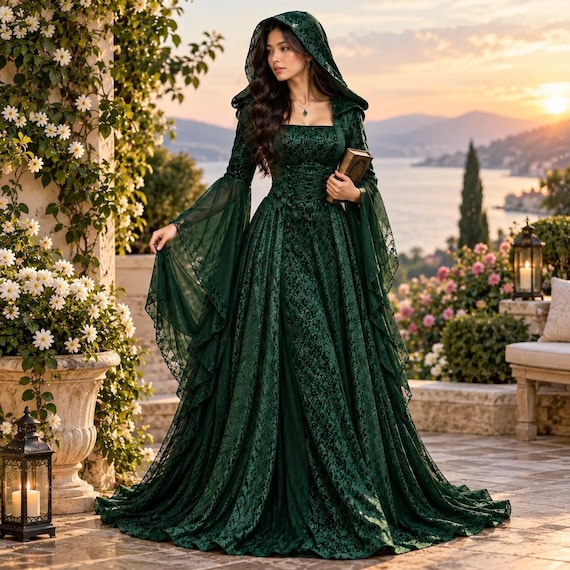 Hooded Gothic Maxi Dress, Medieval Renaissance Gown, Corset Lace Up Witch Dress, Fantasy Costume