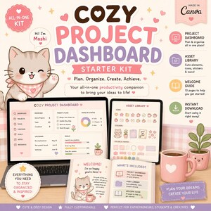 May include: A digital productivity kit featuring a laptop and tablet displaying a Cozy Project Dashboard, a welcome guide, and a pink mug. The design includes a cartoon cat, pastel colors, and text detailing project management, asset libraries, and welcome instructions for organization.