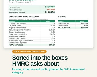 Self Employed Bookkeeping Spreadsheet, Income and Expense Tracker for Sole Traders