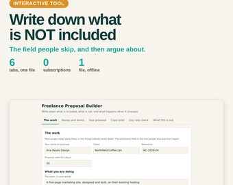 Freelance Proposal Template, Scope and Rates Builder with Editable Terms Worksheet