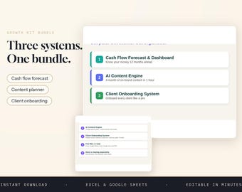Business Growth Kit, Cash Flow Content and Client Onboarding Systems, Excel Google Sheets