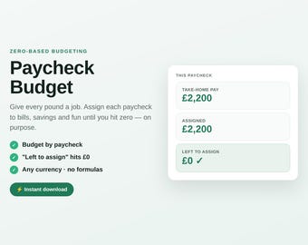 Paycheck Budget Spreadsheet, Zero Based Planner for Every Pound, Excel Google Sheets