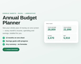 Annual Budget Spreadsheet, 12 Month Planner with Savings Tracker, Excel Google Sheets
