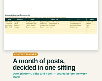 Social Media Content Planner Spreadsheet, Monthly Calendar, Excel Google Sheets