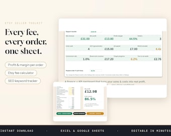 Etsy Seller Spreadsheet, Shop Tracker Dashboard with Profit and Keyword Tools