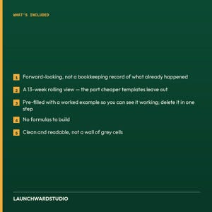 May include: A dark green informational graphic titled WHAT'S INCLUDED with five numbered points: Forward-looking, not a bookkeeping record, a 13-week rolling view, pre-filled with a worked example, no formulas to build, and clean, readable text. LAUNCHWARDSTUDIO.