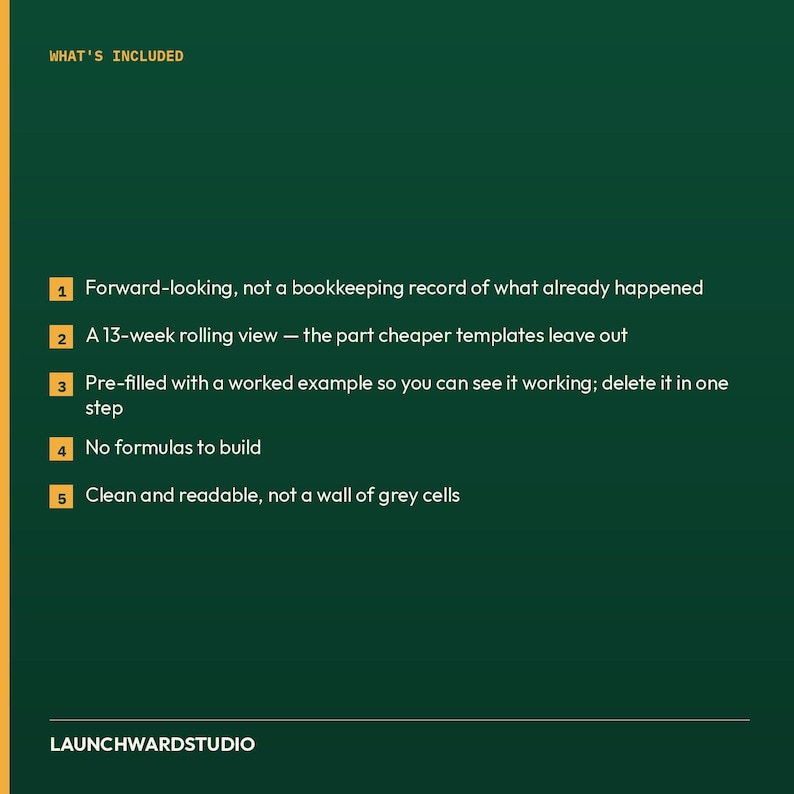 May include: A dark green informational graphic titled WHAT'S INCLUDED with five numbered points: Forward-looking, not a bookkeeping record, a 13-week rolling view, pre-filled with a worked example, no formulas to build, and clean, readable text. LAUNCHWARDSTUDIO.