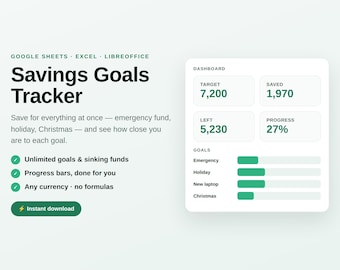 Savings Goal Tracker Spreadsheet, Sinking Funds Planner with Progress Chart, Google Sheets and Excel