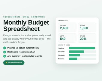 Monthly Budget Spreadsheet, Expense Tracker with Automatic Charts, Excel Google Sheets