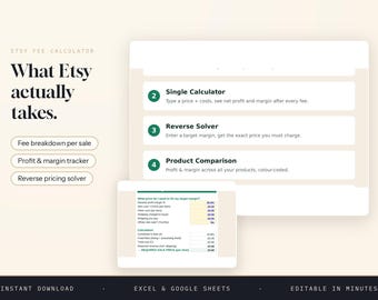 Etsy Fee Calculator Spreadsheet, True Profit and Margin per Sale, Excel Google Sheets