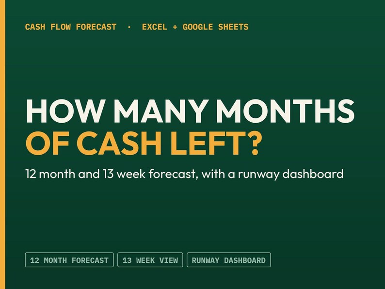 May include: A dark green digital template for a cash flow forecast compatible with Excel and Google Sheets. The text reads: HOW MANY MONTHS OF CASH LEFT? 12 month and 13 week forecast, with a runway dashboard. Includes buttons for 12 MONTH FORECAST, 13 WEEK VIEW, and RUNWAY DASHBOARD.
