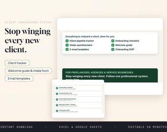 Client Onboarding System for Freelancers, Intake Form and Email Templates, Excel Word