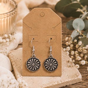 Silver Western Floral Concho Dangle Earrings, Boho Cowgirl Jewelry