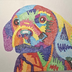 May include: A pointillist illustration of a dog head created with dense clusters of colored dots. The artwork features a vibrant palette of red, blue, yellow, green, purple, and orange, forming distinct shapes that define the canine facial features.