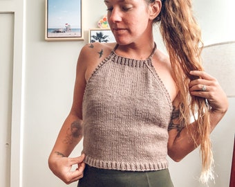 Gray Tan Knitted Cropped Halter Tank // Hand Knit Tank Top // Small Adult Top // Women’s Knitted Tank // Tank Top // Halter Top // Clothing