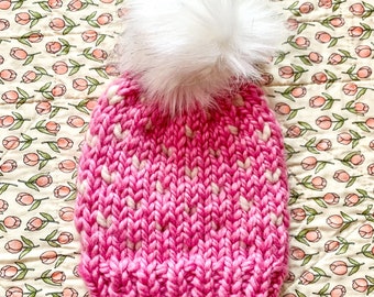 Pink Fair Isle Tiny Hearts Baby Pom Pom Winter Hat // 0-3 Months // Wool Blend // Knit Baby Hat // Baby Gift // Winter Hat // Baby Hat