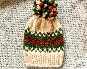 Christmas  Fair Isle Baby Pom Pom Winter Hat // 6-12 Months // Wool Blend // Knit Baby Hat // Baby Gift // Winter Hat //Beanie // Baby Hat