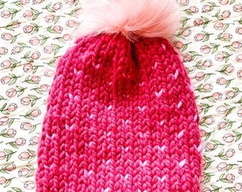 Pink Tiny Hearts Baby Pom Pom Winter Hat // 6-12 Months // Wool Blend //  Knit Baby Hat // Baby Gift  // Winter Hat //Beanie // Baby Hat