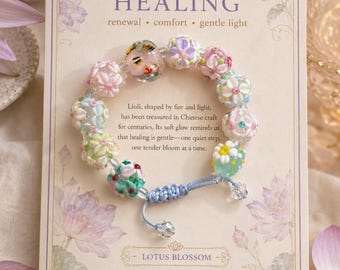 Pastel Floral Liuli Glass Bead Bracelet, Adjustable Handmade Jewelry