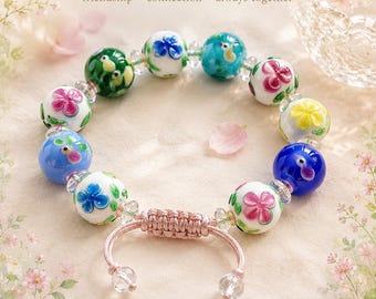 Floral Bird Liuli Glass Bead Bracelet with Adjustable Cord