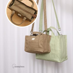 May include: Two rectangular canvas tote bags with top handles and detachable shoulder straps. One bag is light brown and the other is light green. The brown bag features a small rectangular label and a zippered top closure. The text SewingTimes is visible.