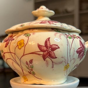 May include: A cream-colored ceramic lidded tureen featuring a delicate botanical pattern with red, yellow, and green floral motifs. The vessel has two side handles and a matching lid with a central knob, showcasing a smooth, glossy finish.