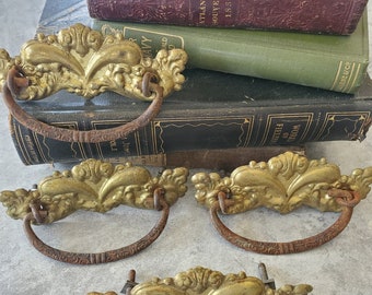 Antique set of Four Stamped Brass Victorian Scroll Motif Drawer Handles