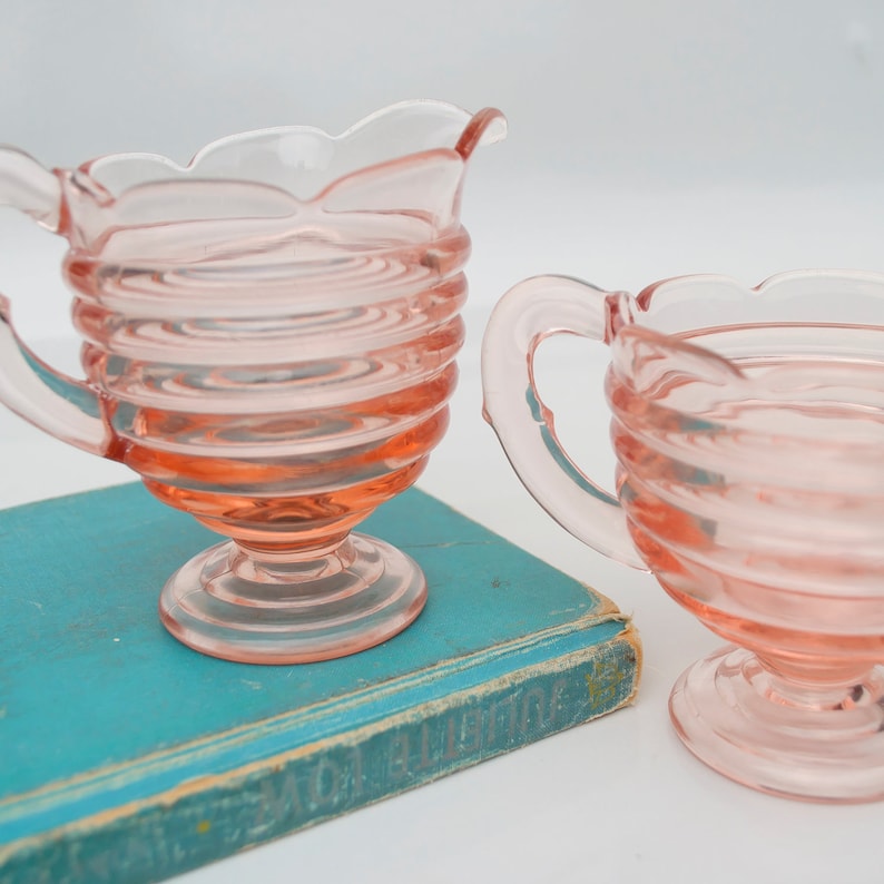 Pink Depression Glass Ribbed Cream and Sugar Set Vintage Etsy