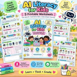 Op de afbeelding: Een set van vijf printbare AI-geletterdheidswerkbladen voor basisschoolleerlingen met kleurrijke illustraties van kinderen en een robot. De voorpagina toont de titel AI Literacy for Kids, met extra pagina's getiteld What Is AI, AI Around Me, People and AI en Be a Smart AI User, allemaal op 21,59 x 27,94 cm formaat.