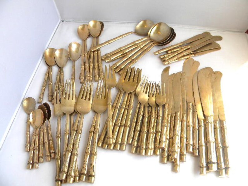 Vintage Bamboo Flatware 71 Pieces 1960s Bamboo Design Brass Etsy