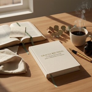 May include: A beige hardcover journal titled GRACIA REUNIDA: Un Diario Devocional para Cuidadores Cristianos, an open book with a handwritten note, a white mug with steaming coffee, a fountain pen, an ink bottle, and a sprig of eucalyptus.