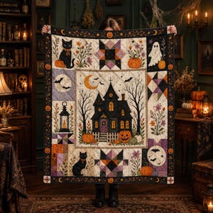 Op de afbeelding: Een rechthoekige quilt met een centrale afbeelding van een donker huis met een maansikkel, omringd door panelen met zwarte katten, pompoenen, een geest, een lantaarn, vleermuizen en bloemmotieven, omlijst door een rand van oranje pompoenen.