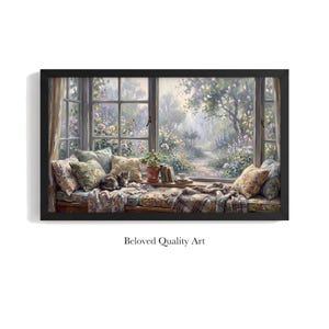 Window Seat Frame TV Art, Vintage Interior Oil Painting, Samsung and Roku TV Art, 4K Digital Download