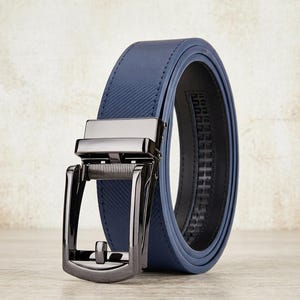 Cinturón de cuero azul marino para hombre, cinturón de negocios con hebilla automática, cinturón de trinquete de cuero genuino, cinturón casual texturizado, regalo