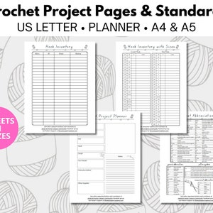 Crochet Project Page - Häkelnadelinventur - Häkelkürzel - Printables in 4 Größen - A4, A5, US (11"x8.5"), Planer (9.25"x7")